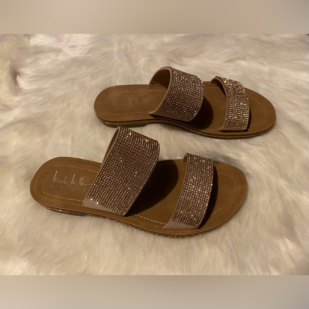 NICOLE MILLER | Sparkly Sandals Slip-ons | Bronze w/ Rhinestone Embellishments